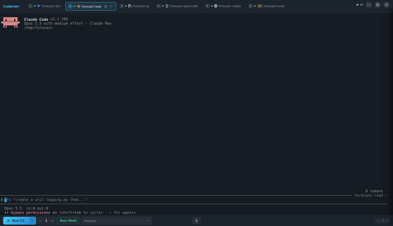 Codeman tile grid: six live agents (DeepSeek Harness, Claude Code, Pi, Codex, OpenCode and a shell) powering on and off with the CRT animation